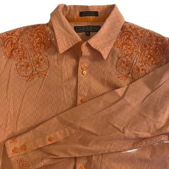 Lamasini Shirt Mens XL Orange Button Cotton Blend LS Western Rhinestone Cowboy - Picture 4 of 7